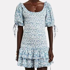 LoveShackFancy “Violet” Blue Floral Ruffle Smocked Mini Dress ~ Sz M
